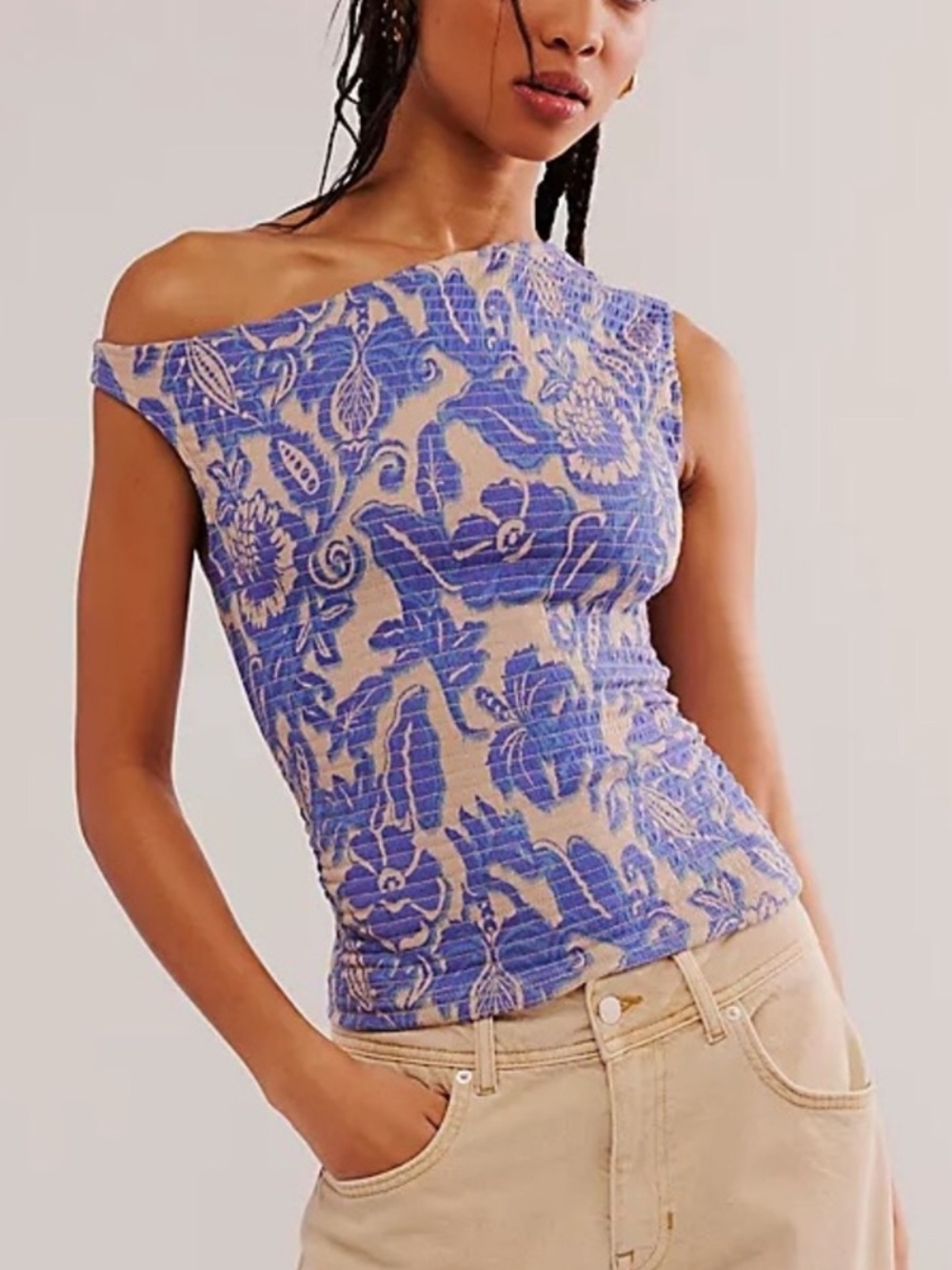Free People One-Shoulder Floral Ribbed Top in Blue and Cream